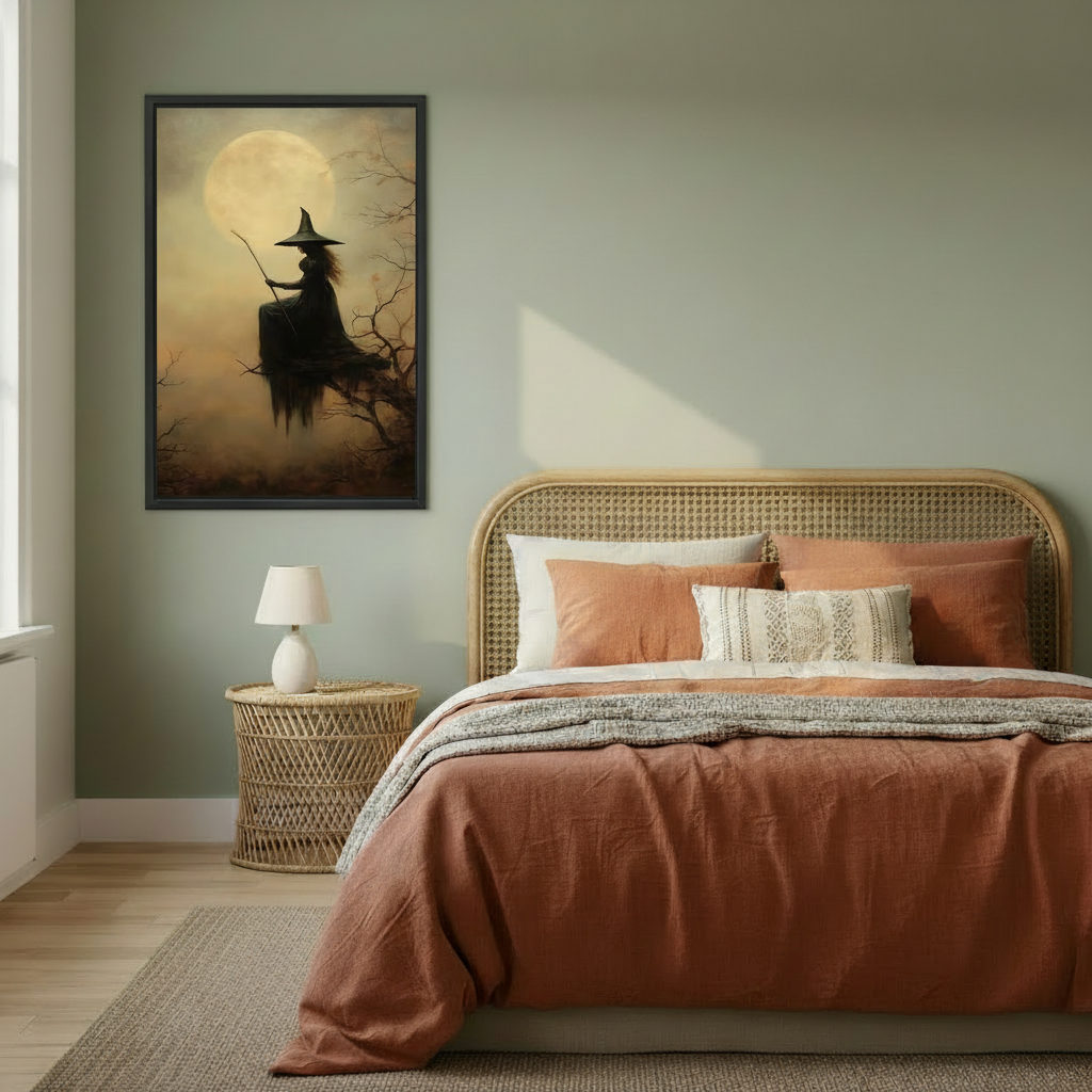 Vintage witch silhouette in black pointed hat on bare tree branches with broomstick before luminous full moon framed canvas on sage green wall above rattan bed with terracotta pillows
