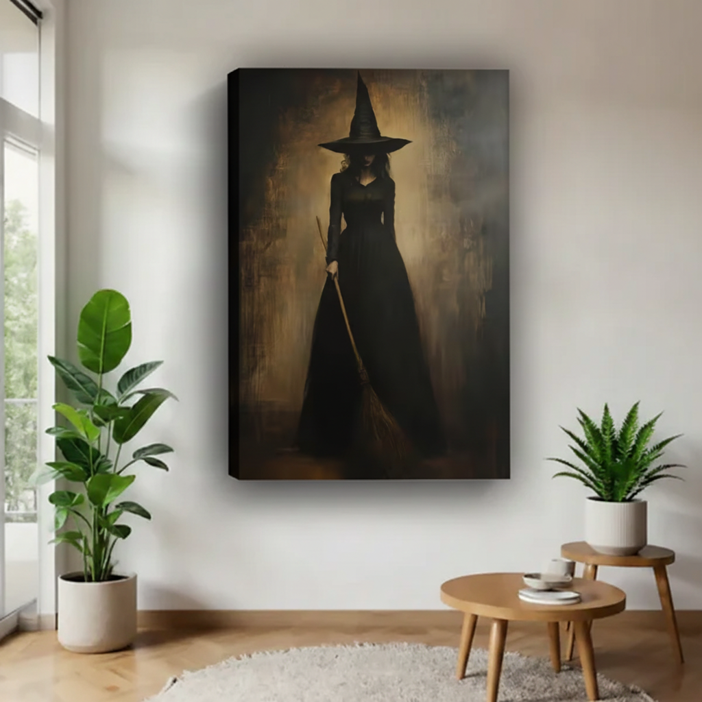 Gothic witch canvas wall art shown as a deep gallery-wrap canvas in a bright living room.