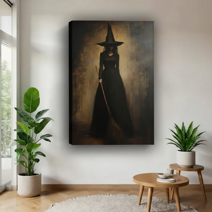 Gothic witch canvas wall art shown as a deep gallery-wrap canvas in a bright living room.