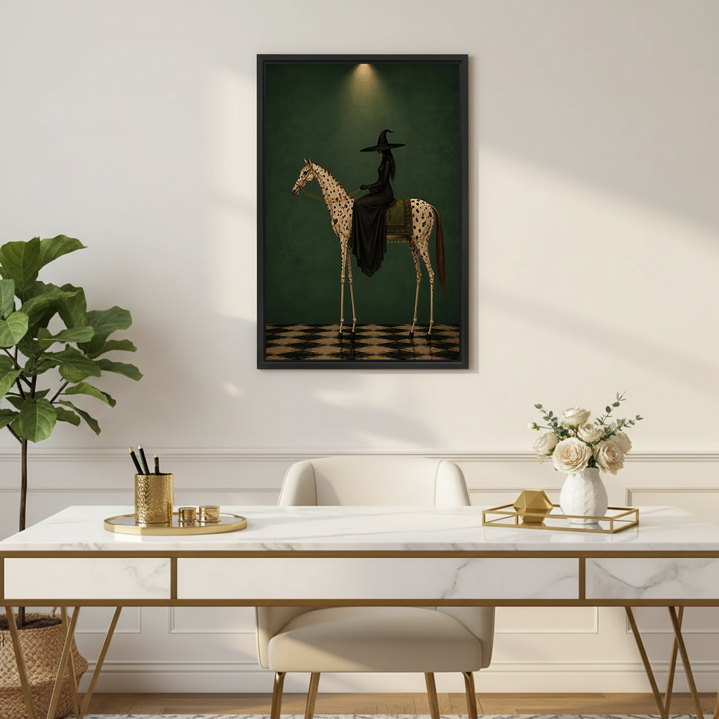 Framed gothic witch on spotted horse canvas wall art above a cream sofa in a bright living room.
