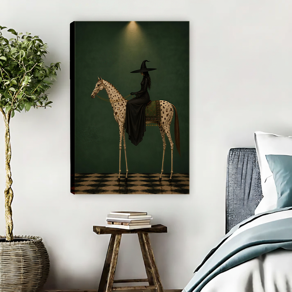Black-framed gothic witch on spotted horse canvas wall art displayed above a white and gold office desk.
