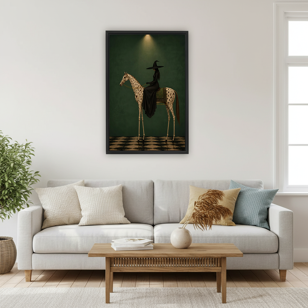 Woman holding black-framed gothic witch on horse canvas wall art while seated on a light-colored sofa.