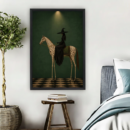Gothic witch on horse canvas wall art with a deep green background, displayed unframed beside a bed.