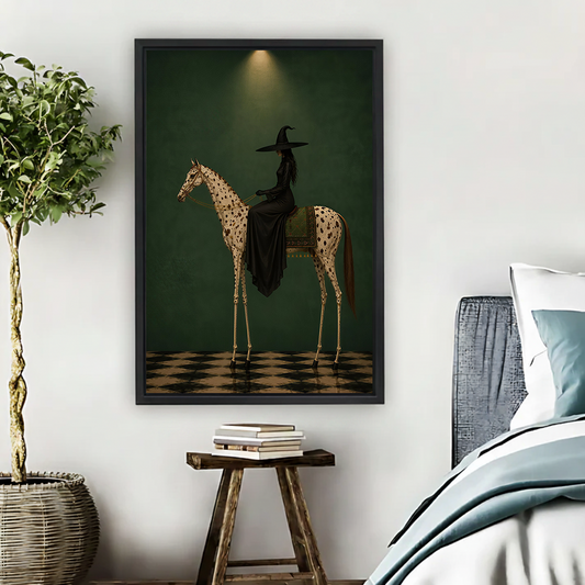 Gothic witch on horse canvas wall art with a deep green background, displayed unframed beside a bed.