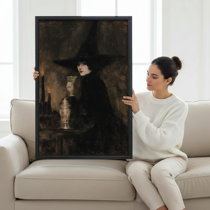 Woman holding large gothic witch with glowing magic chalice and candlelight dark oil painting framed canvas print, dark fantasy witch wall art size reference lifestyle photo