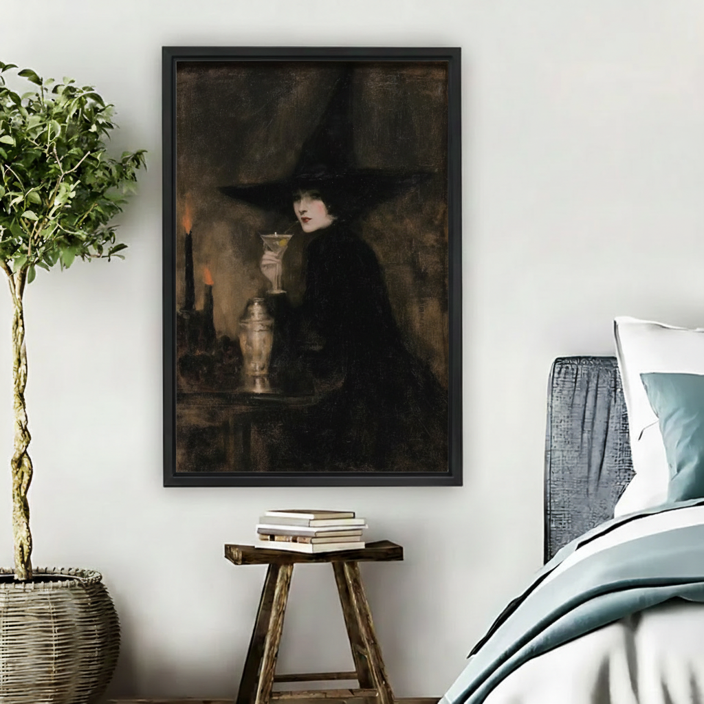 Gothic witch in wide-brim black hat holding glowing magic chalice with candlelight and bronze urn dark oil painting framed wall art beside wooden stool bed, mysterious dark fantasy canvas for bedroom decor