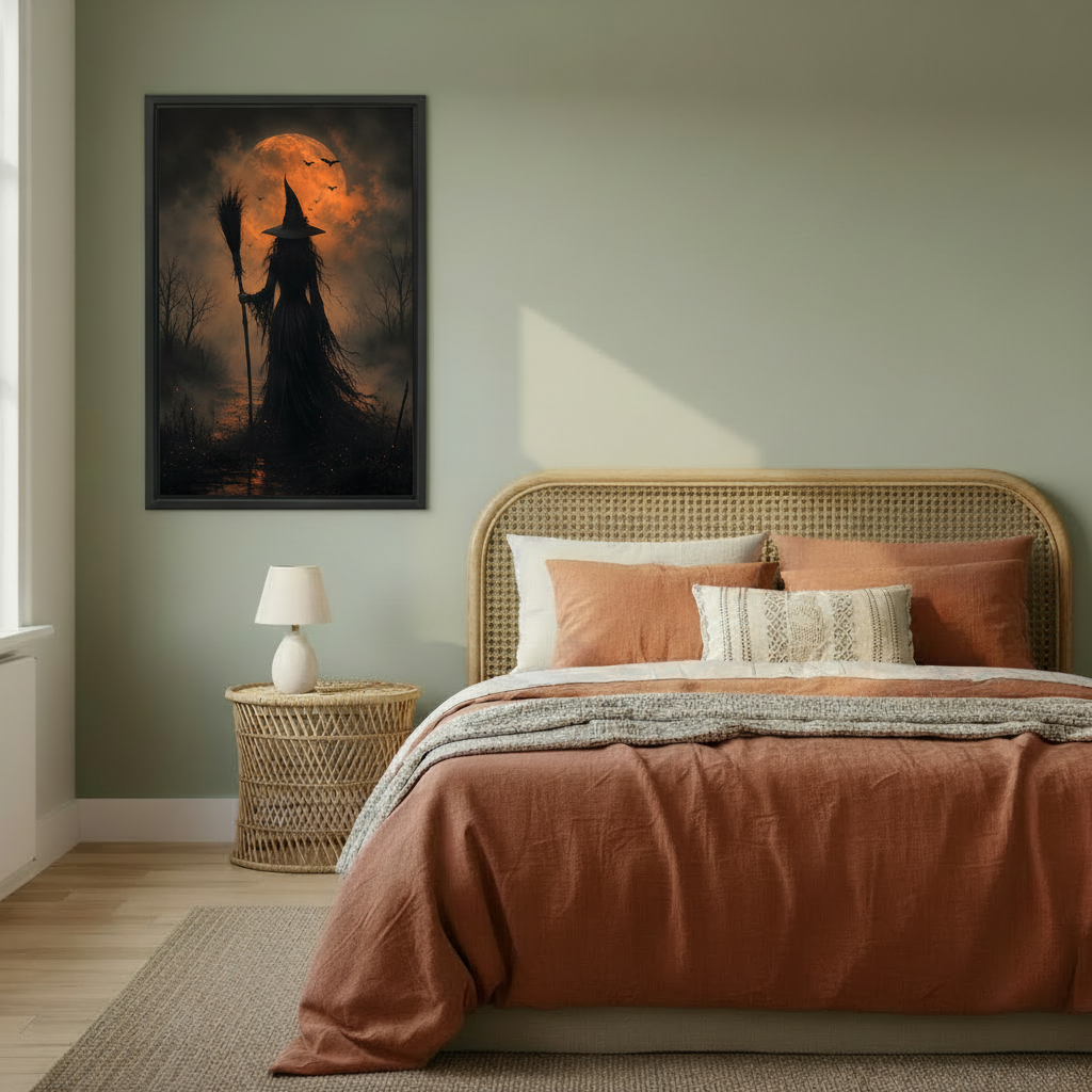 Framed gothic witch moon canvas wall art displayed above a warm-toned bedroom.