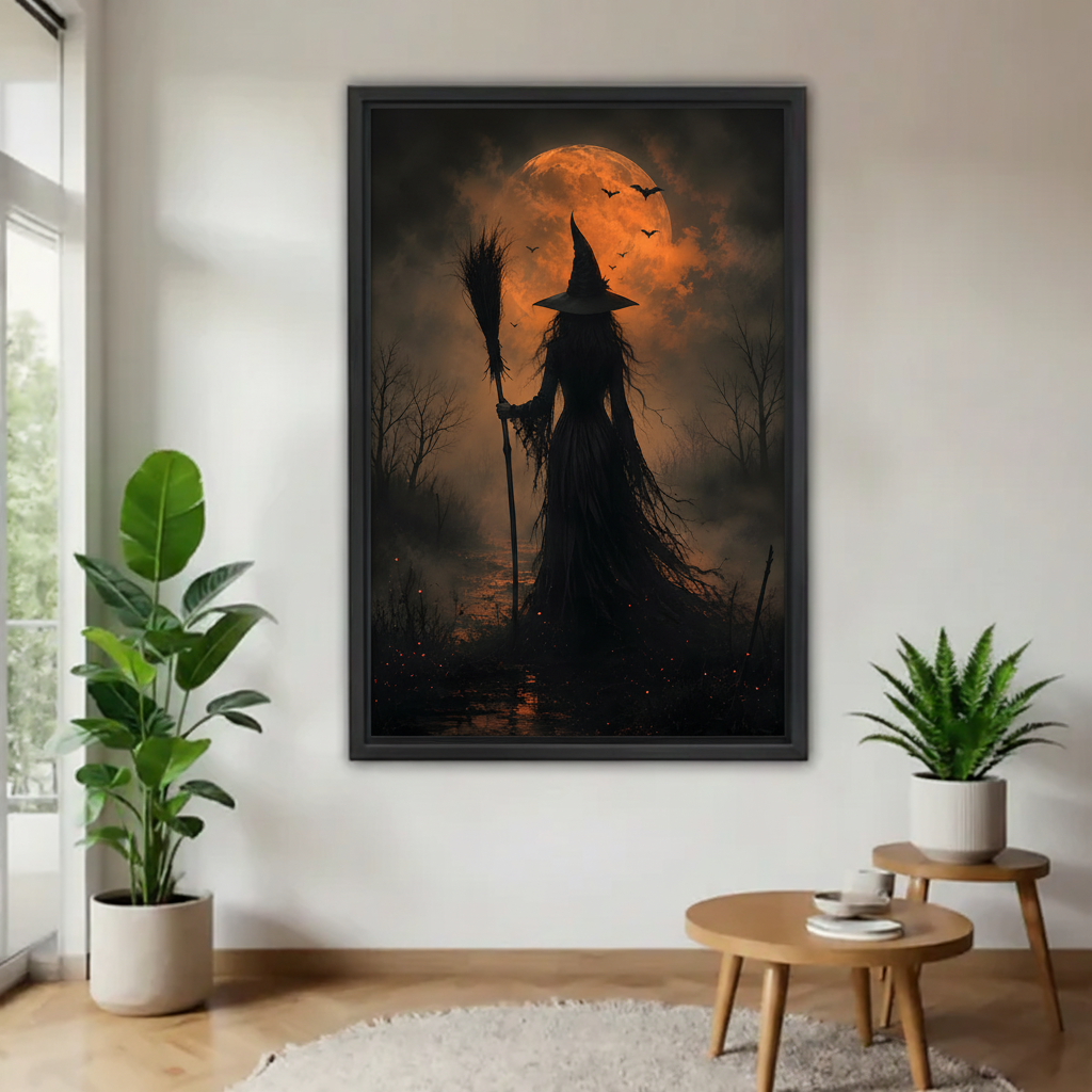 Gothic witch moon canvas wall art displayed in a black frame against a bright wall.