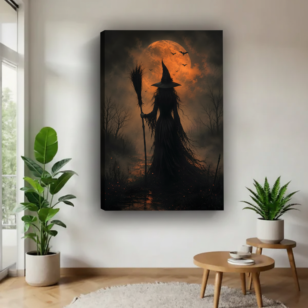 Gothic witch moon canvas wall art shown as a gallery-wrap canvas with visible side depth.