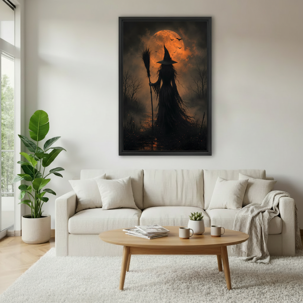 Framed gothic witch moon canvas wall art displayed above a neutral sofa in a bright living room.