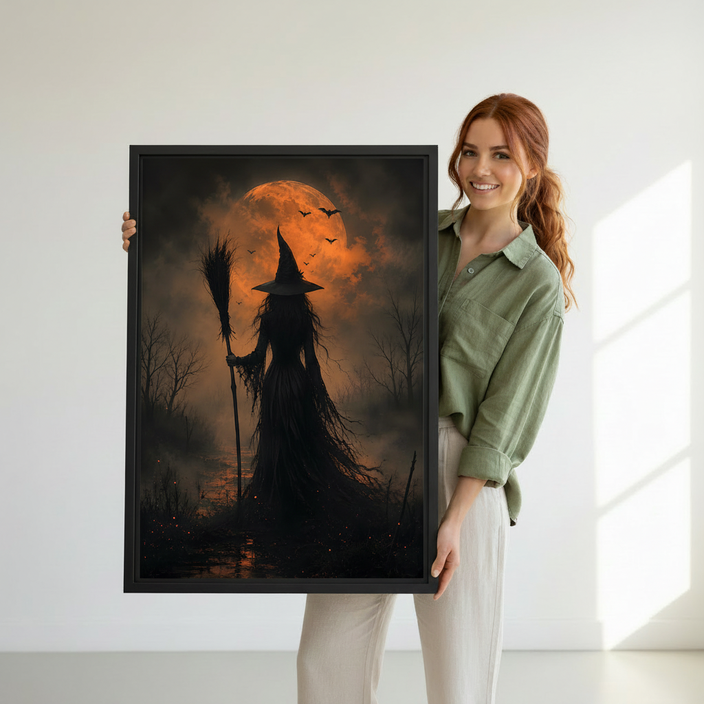 Framed gothic witch moon canvas wall art held by a woman to show its scale.