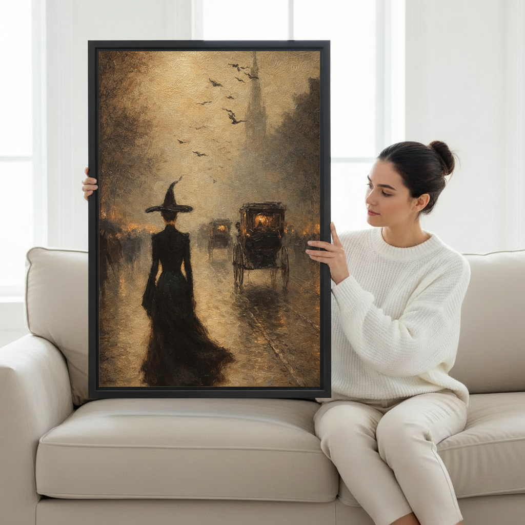 Woman holding framed canvas of a mysterious witch in black dress striding through moody sepia Victorian street with bats and carriage