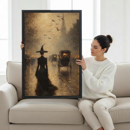 Woman holding framed canvas of a mysterious witch in black dress striding through moody sepia Victorian street with bats and carriage