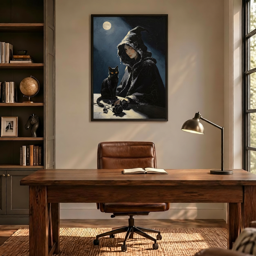 Gothic woman and black cat framed wall art displayed above a wooden desk in a cozy office