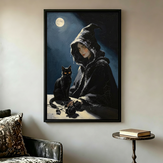 Gothic woman and black cat wall art hanging in an elegant living room with a leather chair