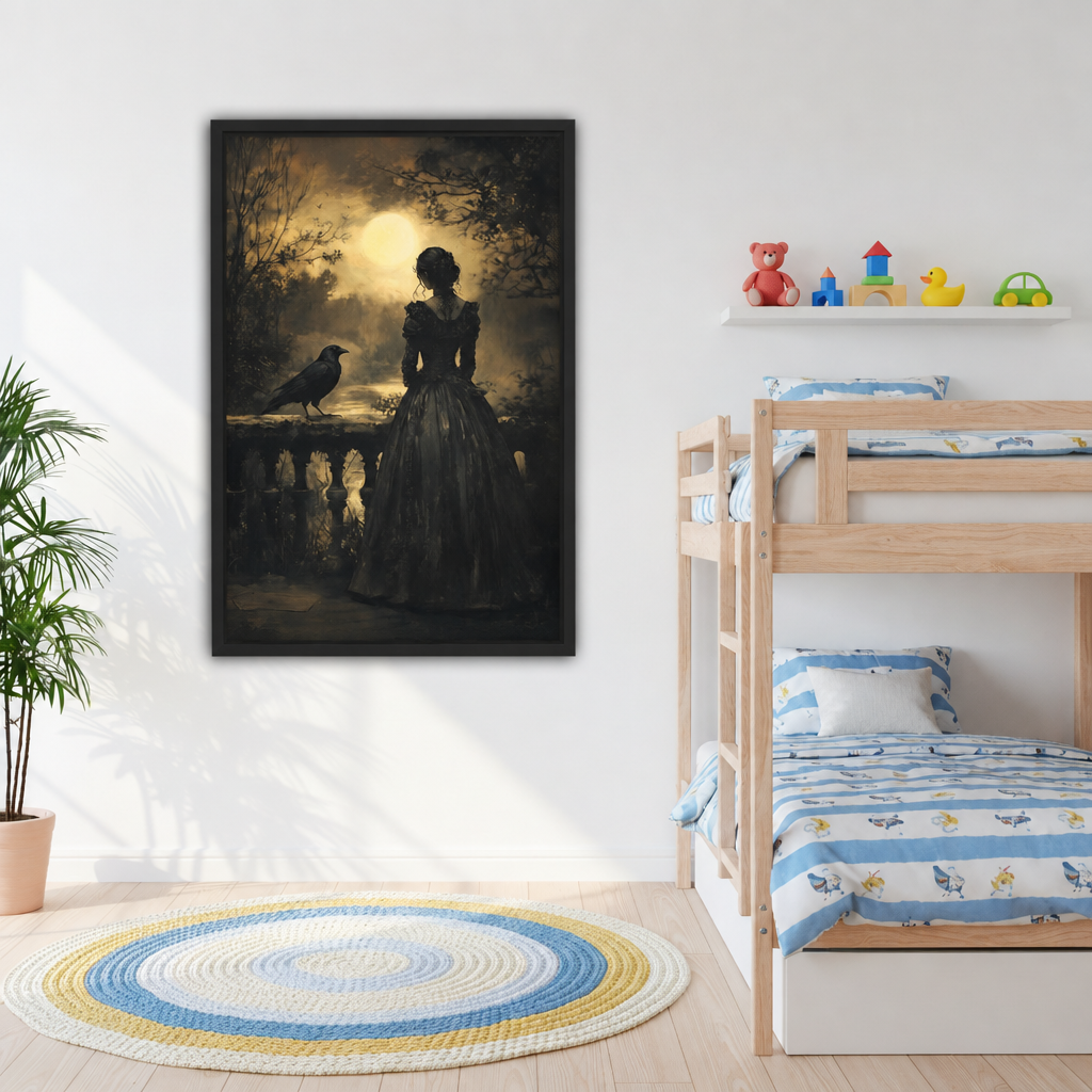 Gothic woman and raven canvas wall art in a black frame on a bedroom wall.