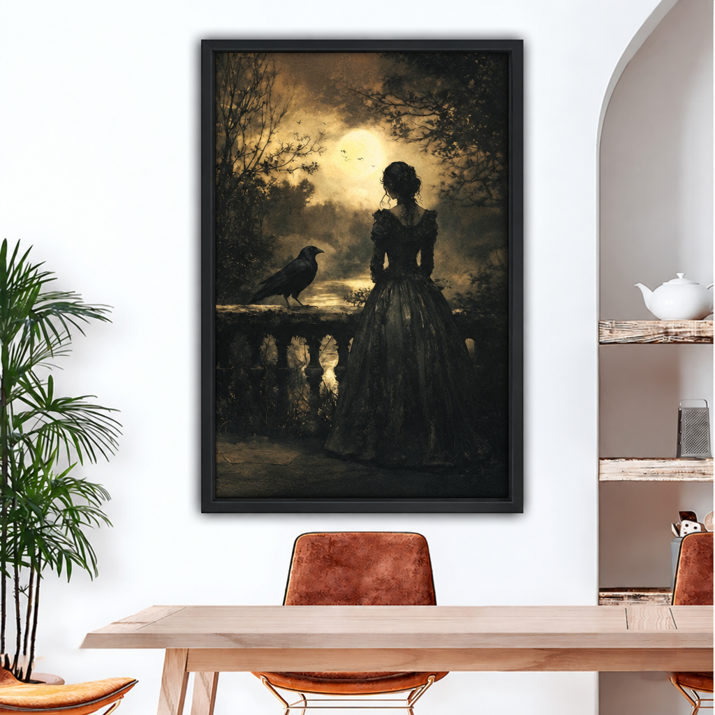 Framed gothic woman and raven canvas wall art above a dining table, with trees silhouetted against warm light.