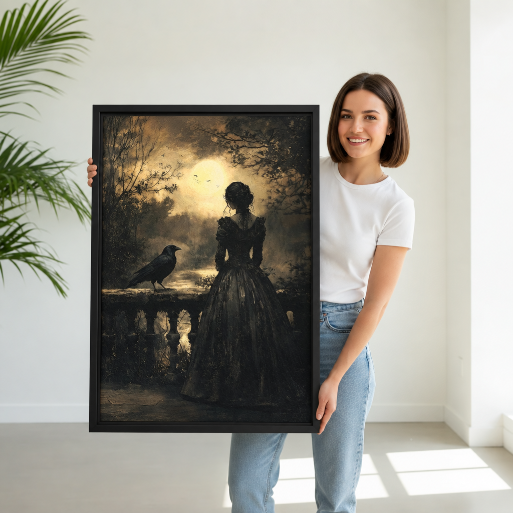 Woman holding framed gothic woman and raven canvas wall art featuring a dark dress and glowing woodland sky.