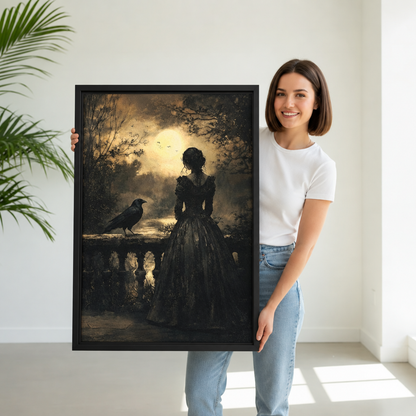 Woman holding framed gothic woman and raven canvas wall art featuring a dark dress and glowing woodland sky.