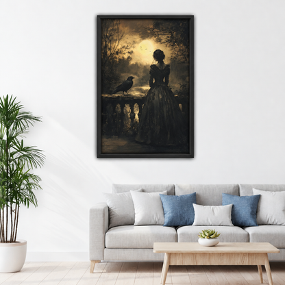Framed gothic woman and raven canvas wall art displayed above a sofa in a bright living room.