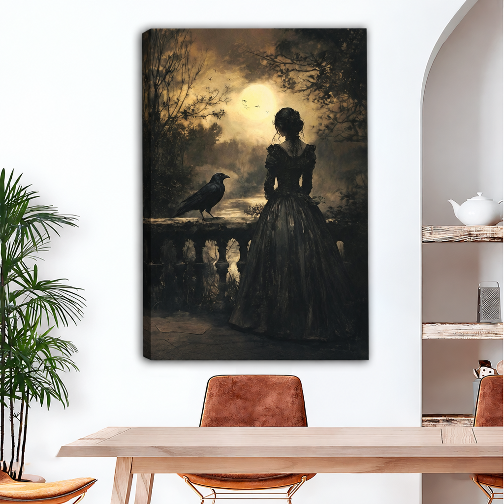 Gallery-wrap gothic woman and raven canvas wall art displayed above a dining table with visible wrapped edges.
