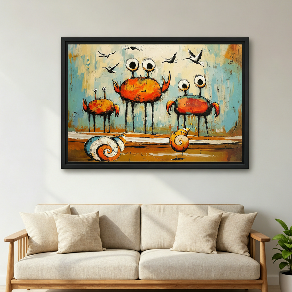 Graffiti crab monster canvas wall art in living room display, three big-eyed orange crabs with snails and birds, bold kids room or eclectic home decor