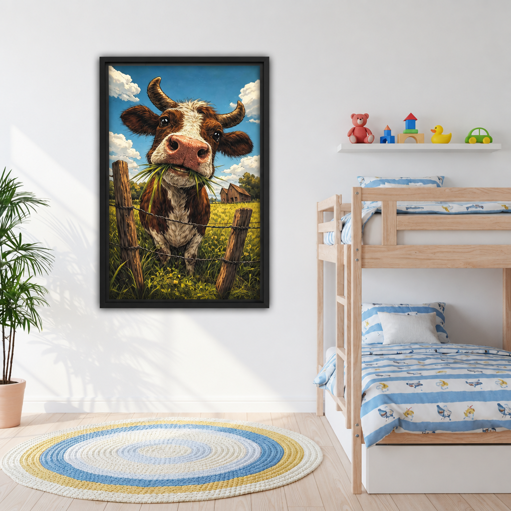 Grazing cow canvas wall art imagined in a bedroom, showing a curious cow beside a pasture fence.