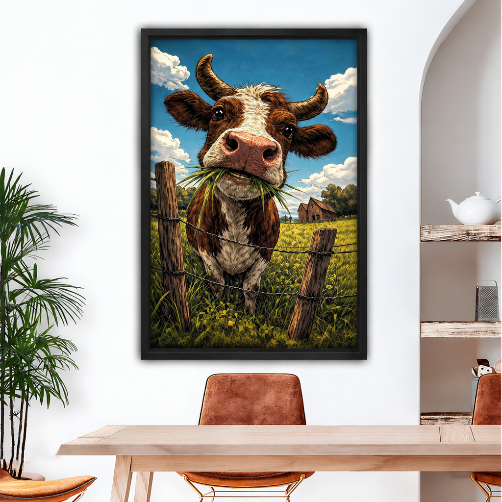 Black-framed grazing cow canvas wall art showing a brown-and-white cow chewing grass above a dining table.