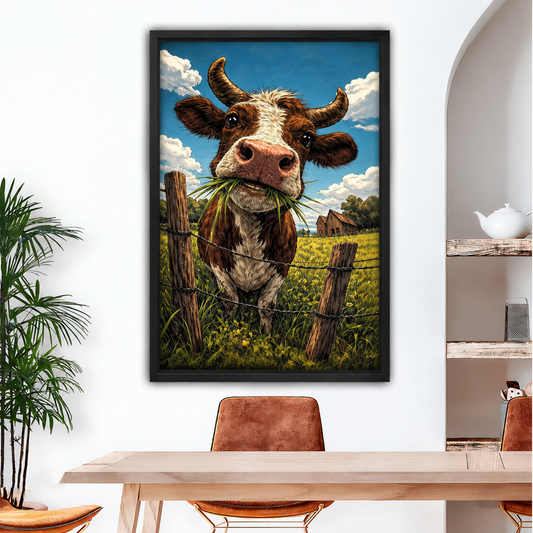 Black-framed grazing cow canvas wall art showing a brown-and-white cow chewing grass above a dining table.