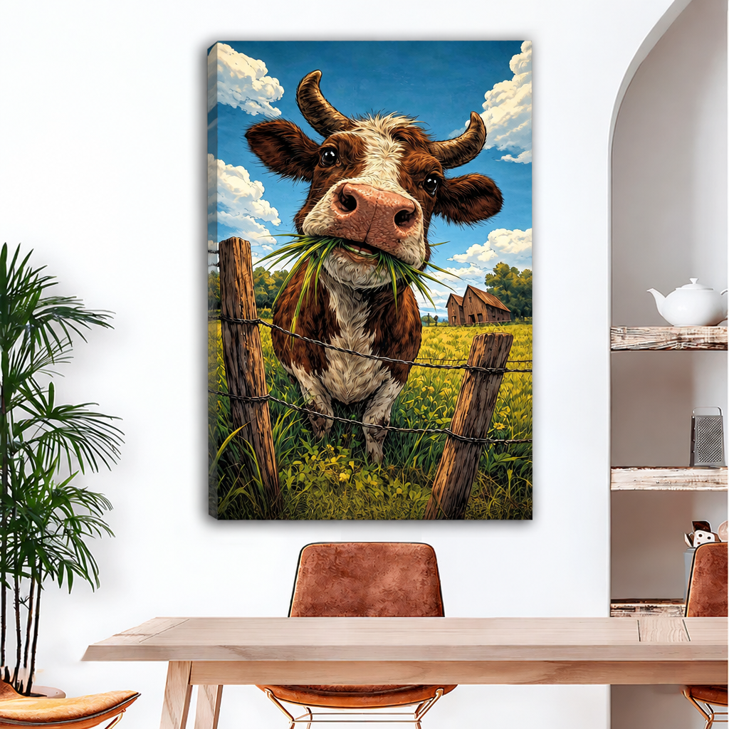 Grazing cow canvas wall art imagined as a gallery-wrapped display with a pasture fence and blue sky.