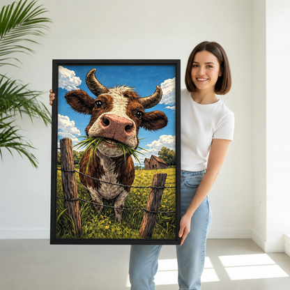 Grazing cow canvas wall art imagined being held, featuring a brown-and-white cow with grass in its mouth.