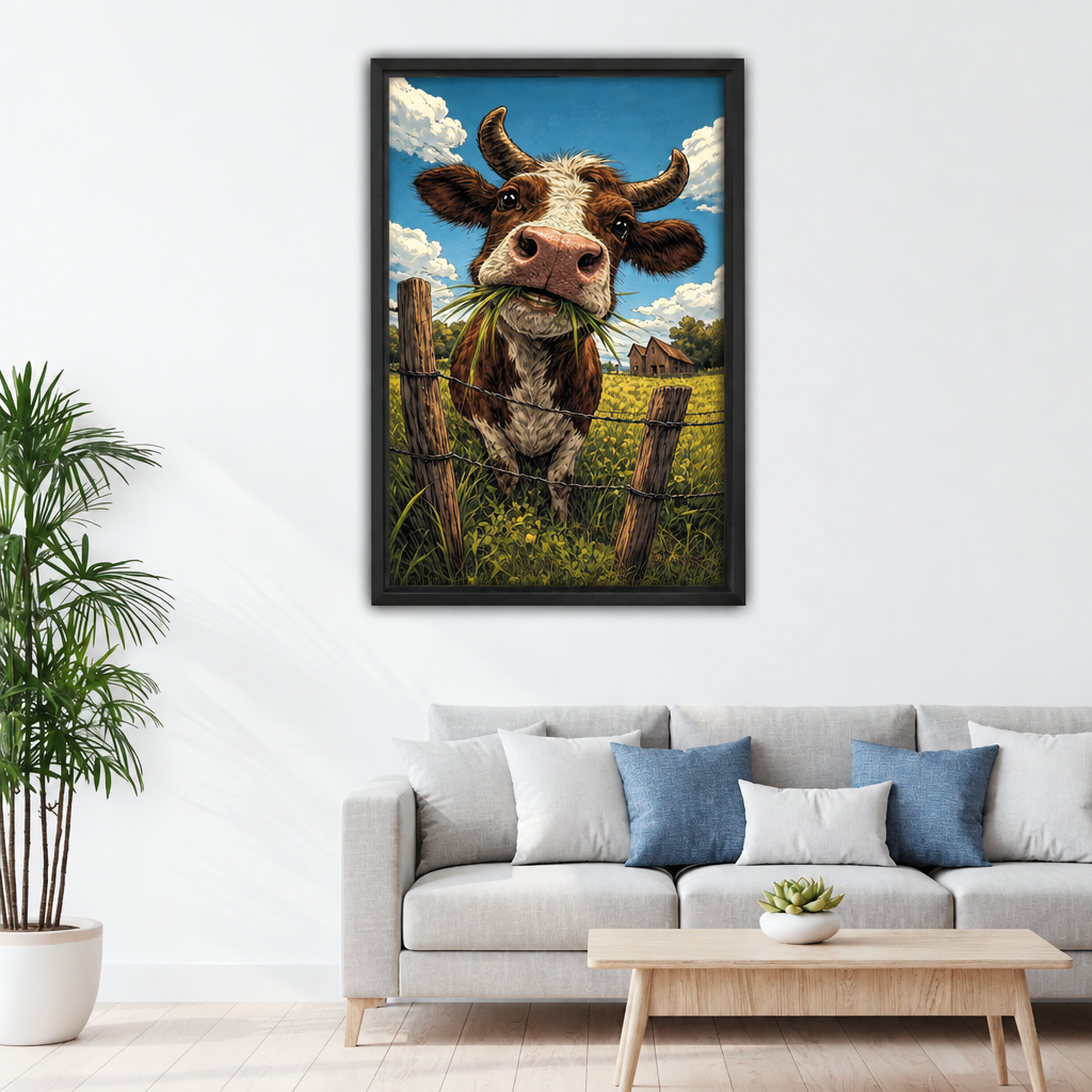 Grazing cow canvas wall art imagined on a living room wall, with a barn in the distance.