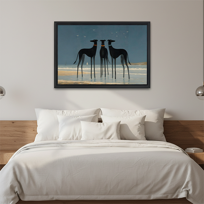 Three greyhounds coastal canvas wall art in black frame above bed as elegant bedroom wall decor