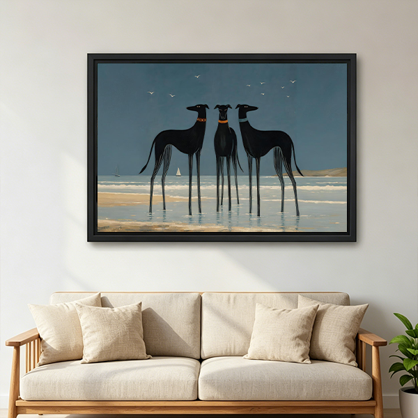 Greyhound beach canvas wall art in black floating frame displayed above beige sofa in modern living room