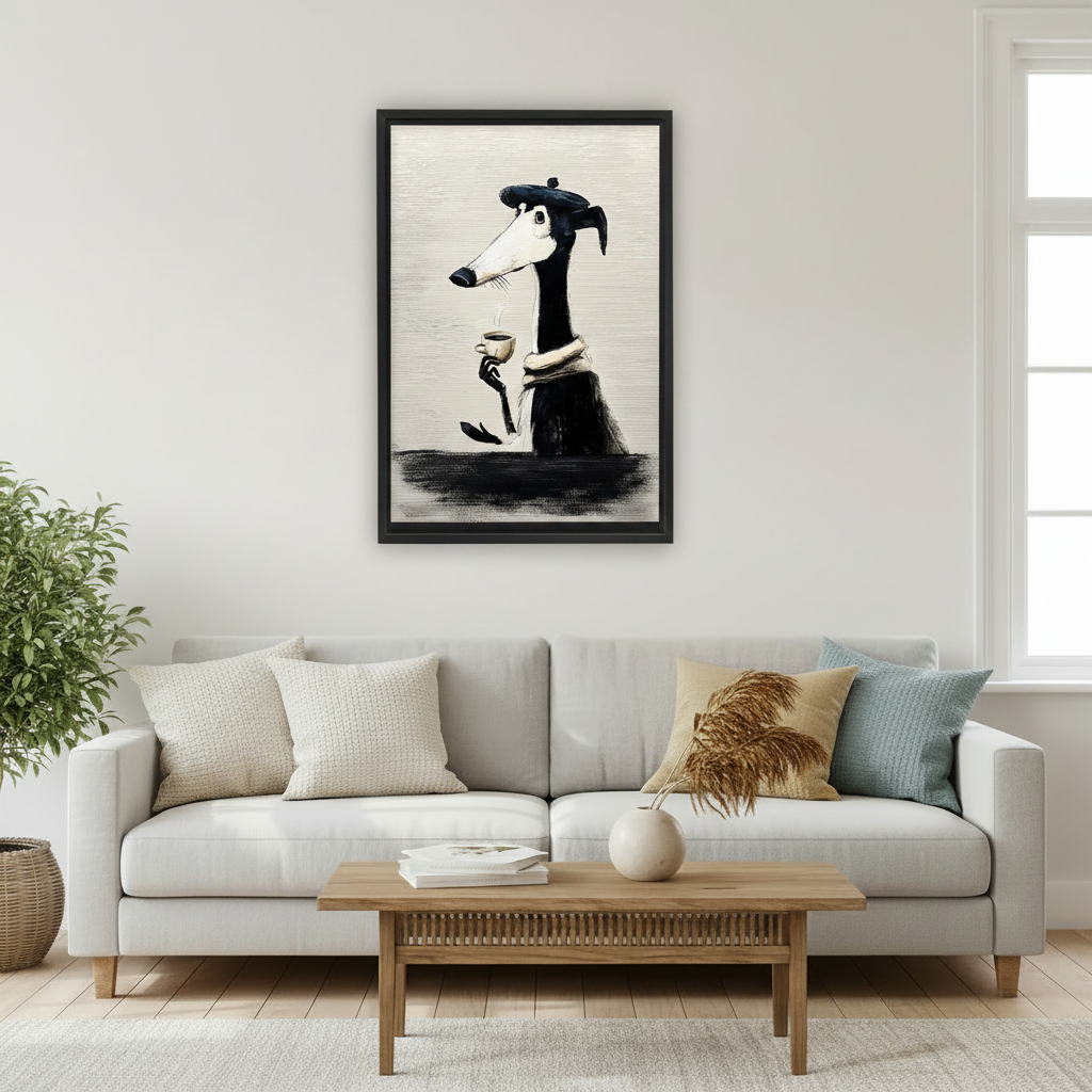 Black framed greyhound with beret and coffee cup wall art hung above a light grey sofa in a minimalist Scandinavian living room with a wooden coffee table