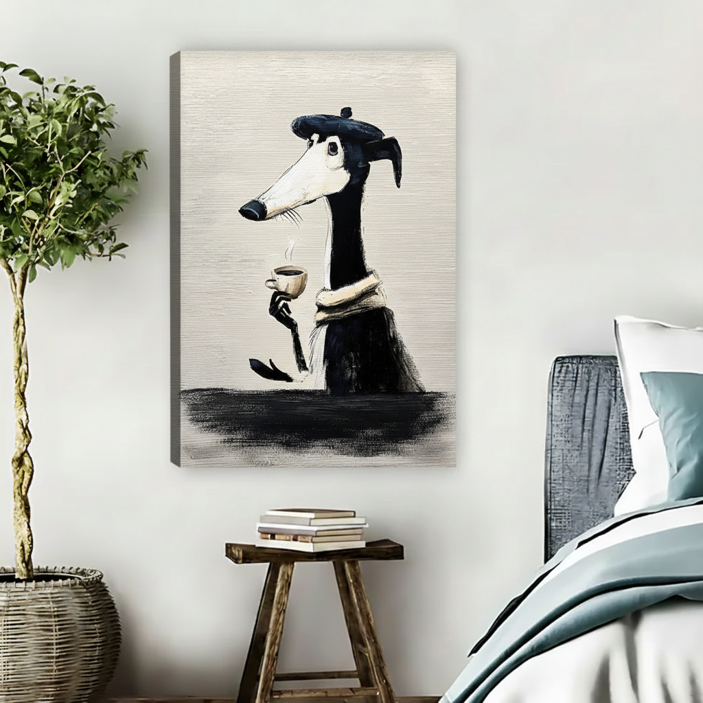 Frameless gallery-wrap canvas of a whimsical greyhound wearing a beret and holding a steaming coffee cup, displayed on a bedroom wall in a cozy Scandinavian-style room