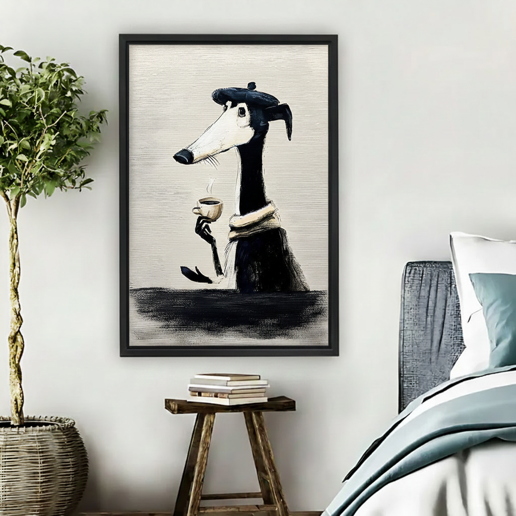 Black framed expressive greyhound in beret holding a coffee cup, hung on a white bedroom wall beside a rattan plant and wooden bedside stool with stacked books