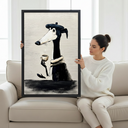 Woman holding a large black-framed canvas art print of an elegant greyhound in a beret holding a steaming coffee cup, rendered in expressive black and cream brushstroke style