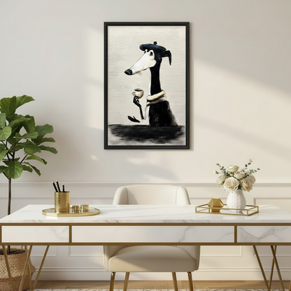 Elegant black framed greyhound coffee art print displayed above a marble and gold home office desk, featuring an expressive brushstroke illustration of a dog in a beret