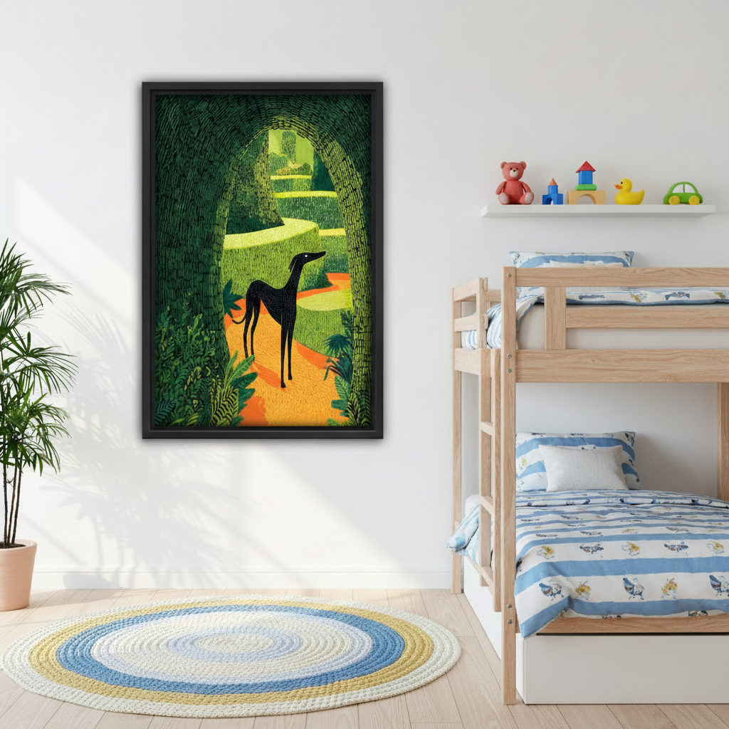 Bold greyhound garden arch canvas print in black frame above a bed with white bedding in a cozy bedroom