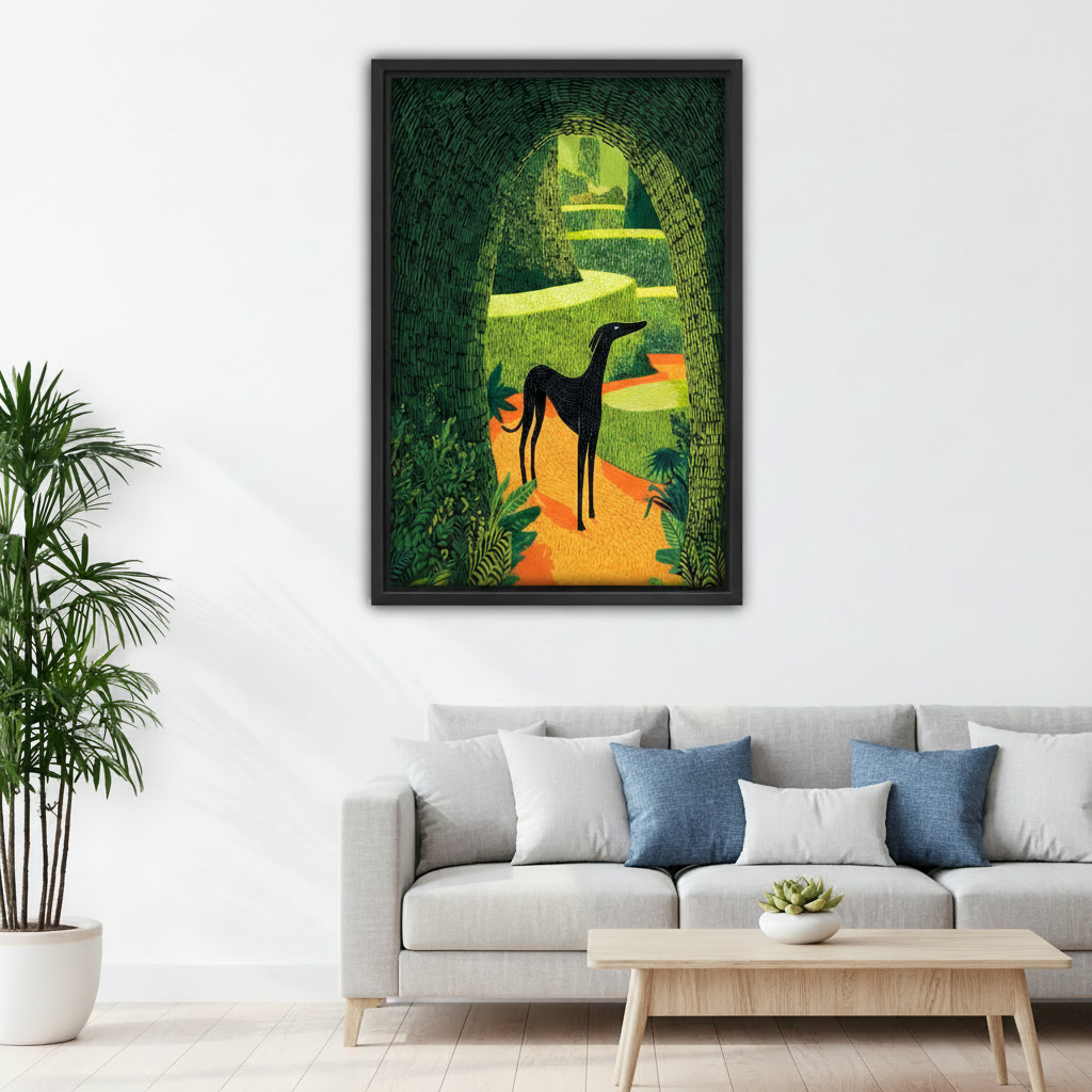Black framed graphic greyhound garden arch canvas wall art hanging in a bright dining room with arched doorway