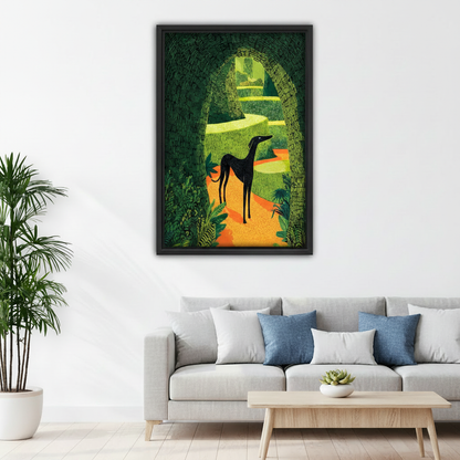 Black framed graphic greyhound garden arch canvas wall art hanging in a bright dining room with arched doorway