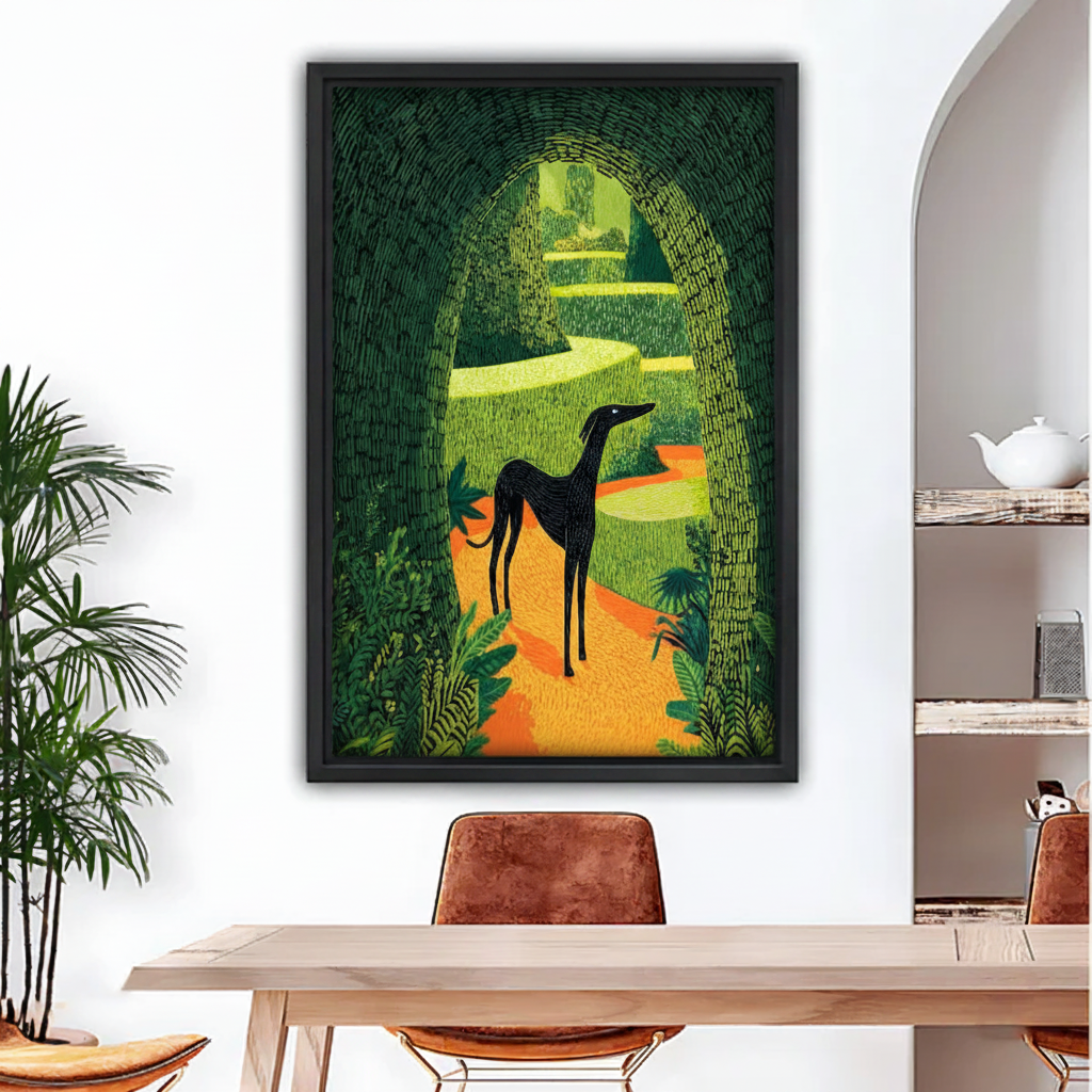 Graphic greyhound garden arch framed canvas wall art displayed above a sofa in a bright modern living room