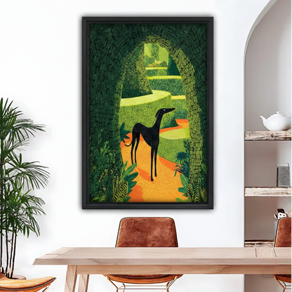 Graphic greyhound garden arch framed canvas wall art displayed above a sofa in a bright modern living room