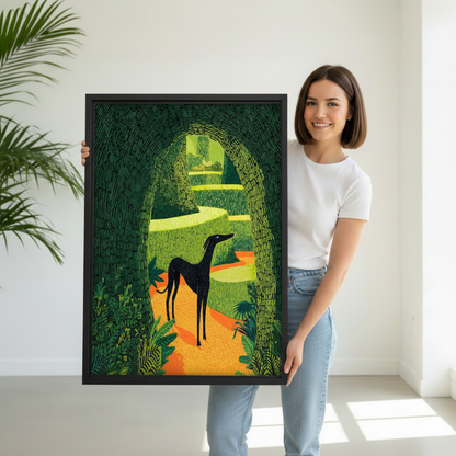 Person holding graphic greyhound garden arch black framed canvas print in a bright white room
