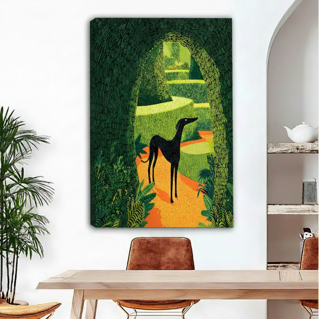 Frameless gallery wrap canvas of graphic black greyhound in lush garden arch above a wooden console in a minimal entryway