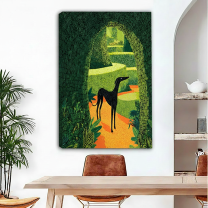 Frameless gallery wrap canvas of graphic black greyhound in lush garden arch above a wooden console in a minimal entryway