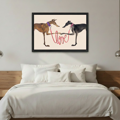 Two greyhounds with red love leash framed wall art, black frame, whimsical dog love illustration cream background, styled above a wooden headboard bed in a bright minimalist bedroom with white bedding and chrome wall sconces