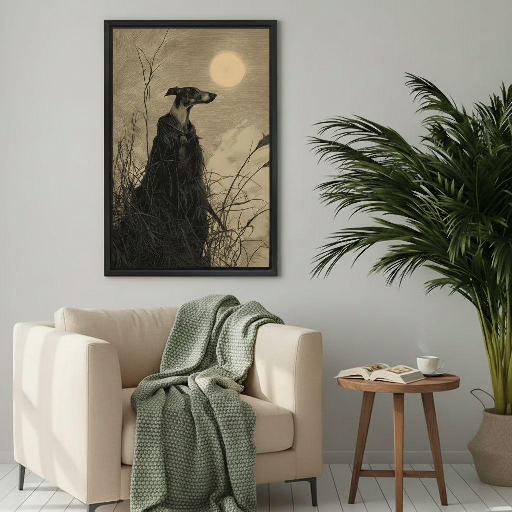 Moody vintage-style framed dog wall art featuring a greyhound gazing at the moon through bare branches, displayed above a cream armchair with a green knit throw