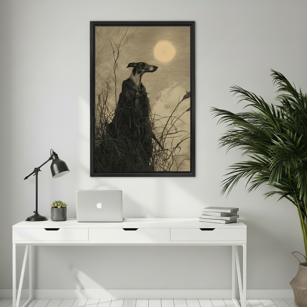 Atmospheric sepia greyhound moonlight framed canvas print hung above a white minimalist home office desk with a laptop and desk lamp